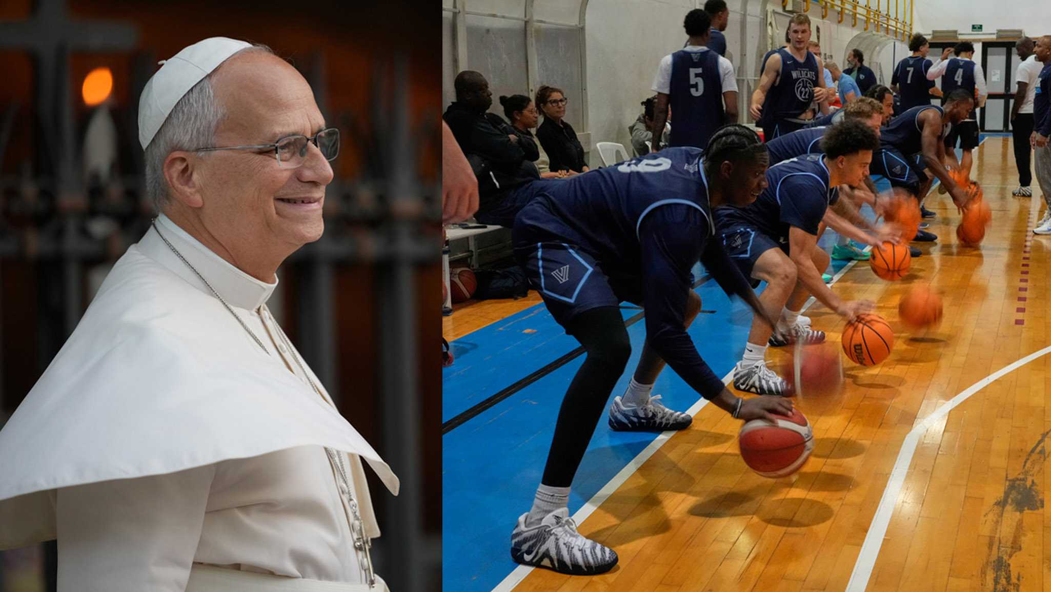 Pope Leo XIV holds a private audience with college basketball teams in Rome.